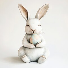 Obraz premium Cute ceramic rabbit sculpture holding a pastel egg sits peacefully against a plain background, perfect for spring decorations and celebrations