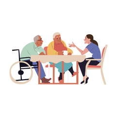 Senior Caregiver Chats Elderly Patients