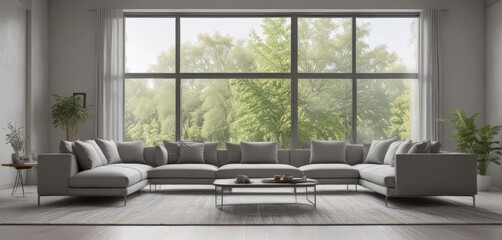 Sleek gray sofa in bright modern living room with large windows, interior design, living room furniture, stylish sofa