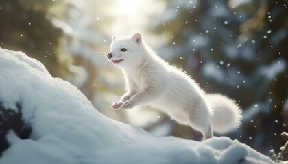 Obraz premium Snow marten running and jumping in the arctic regions green frost forest, rare animal sighting in snowy forest