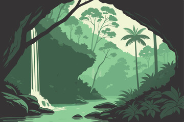 142 cave waterfall landscape, lush tropical forest, verdant greenery, emerald pond, light through cave entrance, natural scenery, atmospheric lighting, photorealistic, detailed, cinematic