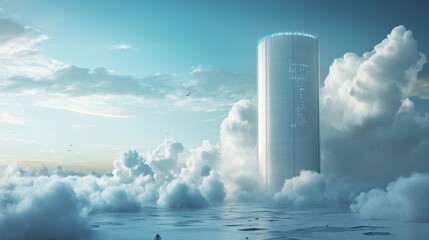 A futuristic silo surrounded by data clouds, representing efficient storage solutions and rapid adjustments to inventory based on market trends.