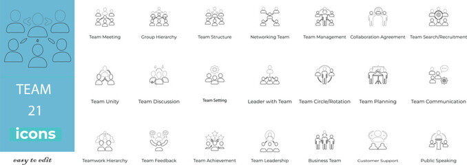 Minimal line-style team vector set showing collaboration, unity, leadership, and teamwork in modern design.