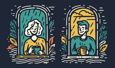 Obraz premium Hand-Drawn Doodle of People in Windows Enjoying Cups of Coffee