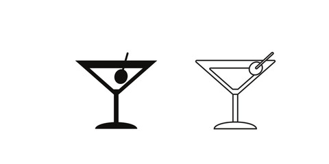 Martini glass vector icon illustration, cocktail drink with olive, bar menu and alcohol beverage design