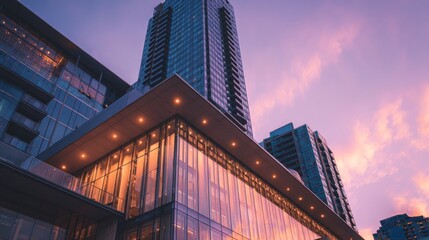 Sleek glass and steel modern architecture highlighted by warm interior lighting at sunset
