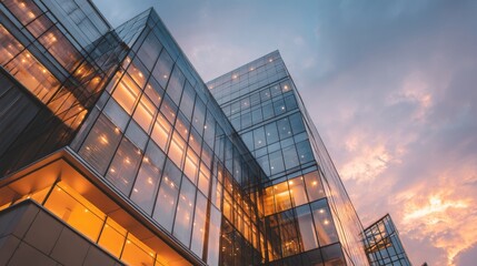 Sleek modern architecture with glass and steel, warm interiors illuminated at sunset or sunrise