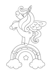 An elegant winged unicorn depicted in clean line art style, perfect for use in coloring activities, artistic inspiration, or creative design projects. Captures fantasy and beauty