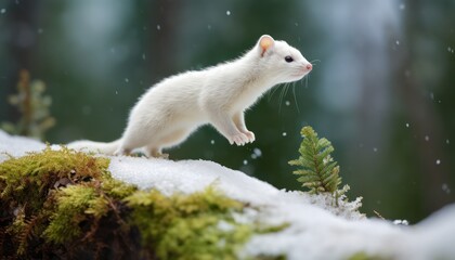 Obraz premium Snow marten running and jumping in the arctic regions green frost forest, rare animal sighting in snowy forest