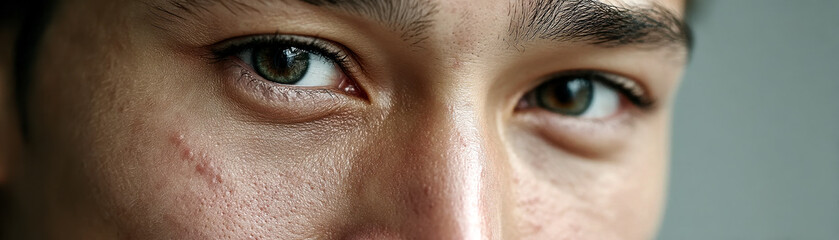 Obraz premium Close-up of a person's eyes and upper face showing detailed skin texture and a facial scar.