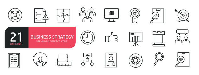 Set of line icons related to action list, team, marketing, chart, business process. Outline icons collection. Editable stroke. Vector illustration.