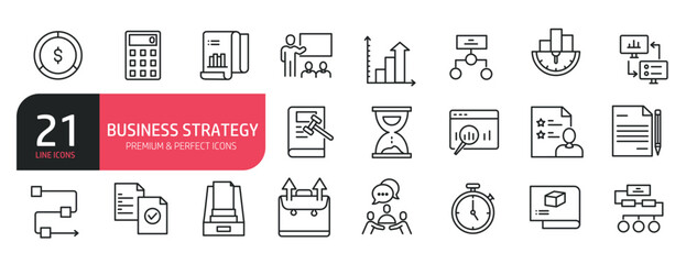 Set of line icons related to research, solution, business process, report. Outline icons collection. Editable stroke. Vector illustration.