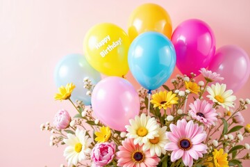 Colorful birthday balloons with flowers on a pink background