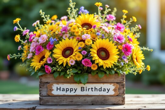 Colorful birthday flower arrangement in wooden box with inscription  