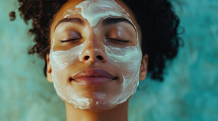 A serene woman enjoying a facial with rich, creamy masks and soothing lotions, her skin glowing with relaxation.