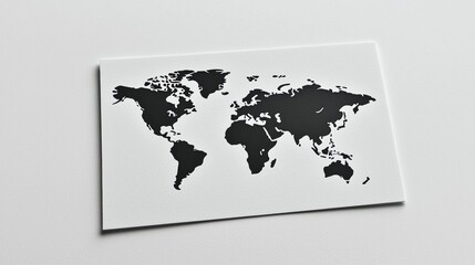 Black and white world map print displayed on a clean surface emphasizing geographical features and details