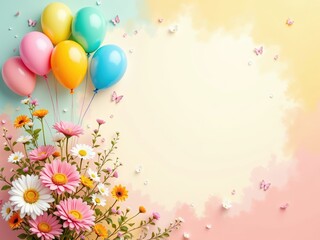 Colorful balloons and blooming flowers on pastel background layout  