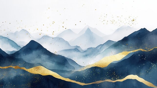 Mountain background vector. Minimal landscape art with watercolor brush and golden line art texture. Abstract art wallpaper for prints, Art Decoration, wall arts and canvas prints. ill ustration , no