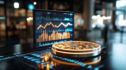 Market analysis charts on digital screen with cryptocurrency coin in modern workspace