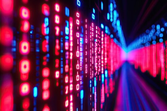 Abstract digital tunnel, binary code, vibrant colors - Powered by Adobe