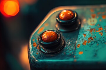 A close-up shows a vintage, turquoise control panel with two orange buttons, exhibiting signs of wear and rust.