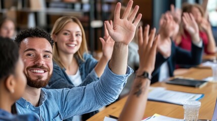Employees taking part in an office trivia game, eagerly raising hands to answer. 