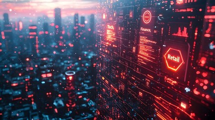 Futuristic cityscape with glowing skyscrapers representing global business markets