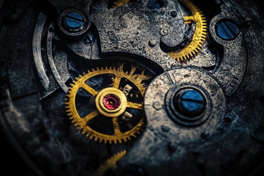 A detailed macro shot showing the intricate gears and components within an old mechanical watch movement.