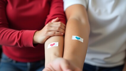Naklejka premium Close-Up of Arms with Bandages After Blood Donation – Symbol of Care and Connection, world blood donor day