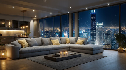 Modern studio apartment interior with city skyline at night