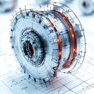 Complex,  mechanical  design  rendering  on  technical  drawing.