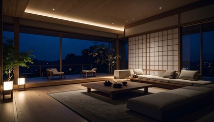 A Japanese-style luxury lounge-style space, with light wood and minimalist lighting