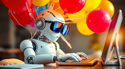 A humorous scene with a white humanoid robot comically tangled in balloons or wearing oversized glasses while typing, Generative Ai
