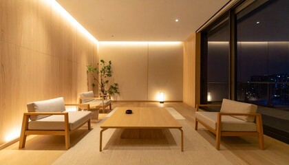 Fototapeta premium A Japanese-style luxury lounge-style space, with light wood and minimalist lighting