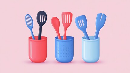 Colorful kitchen utensils in holders.