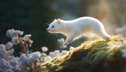 Obraz premium Snow marten running and jumping in the arctic regions green frost forest, rare animal sighting in snowy forest