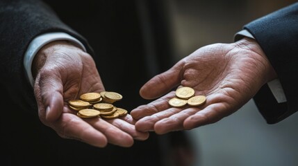 Hands exchanging coins in a close-up view showcasing the value of trade and interaction between two individuals