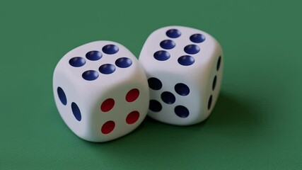 3d animation of two red dice layingon a green game table. Camera moving to dices showing two sixes, creating a moment of suspense and luck - Powered by Adobe