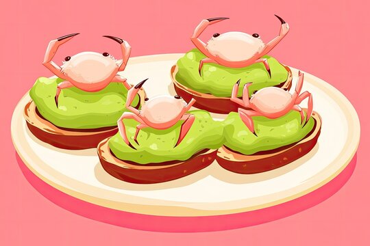 pink crabs on avocado toast, plate clip art preview