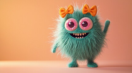 Fototapeta premium Fluffy Monster Waving, Pastel Background