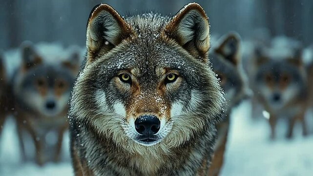 A pack of wolves in a snowy forest, showcasing their fierce gaze and natural habitat