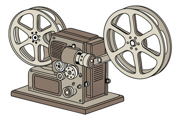 Naklejka premium 147 old movie projector, vintage, mechanical, film reels, wood and metal, detailed, high resolution, 8K