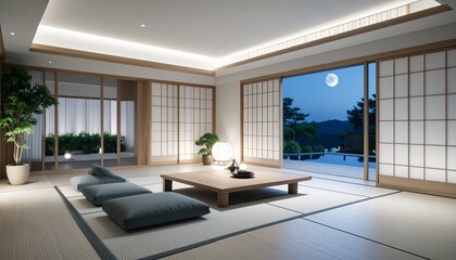 Fototapeta premium A Japanese-style luxury lounge-style space, with light wood and minimalist lighting