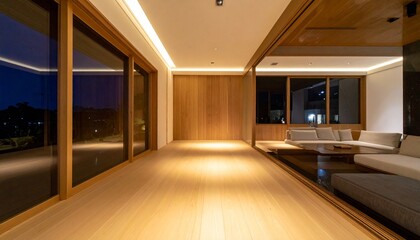 Fototapeta premium A Japanese-style luxury lounge-style space, with light wood and minimalist lighting