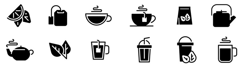  Black tea leaves icons. Hot drink cup, cold iced tea and teapot with steam pictogram icon vector set