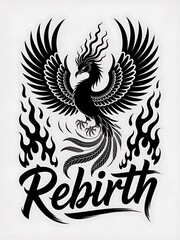 Obraz premium Stylized rebirth phoenix graphic in black and white features flames and calligraphy text design