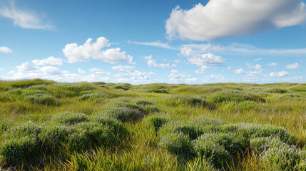 Fototapeta premium Serene landscape featuring vast heath with low growing grass and wildflowers bright blue sky filled with fluffy clouds
