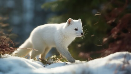 Obraz premium Snow marten running and jumping in the arctic regions green frost forest, rare animal sighting in snowy forest
