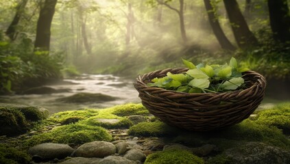 Fresh leaves in a woven basket by a stream in a misty forest