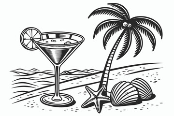 148 detailed black and white illustration, tropical drink with palm tree, seashells, martini glasses, high contrast, engraved style, retro vintage